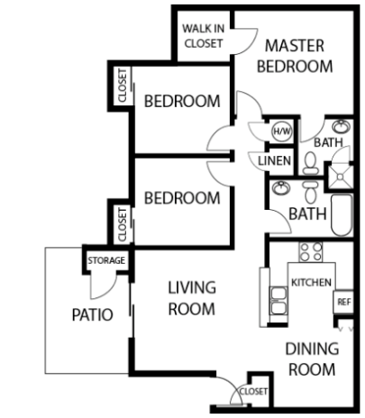 Floor plan for 3 beds, 2 baths, 1054 sqft